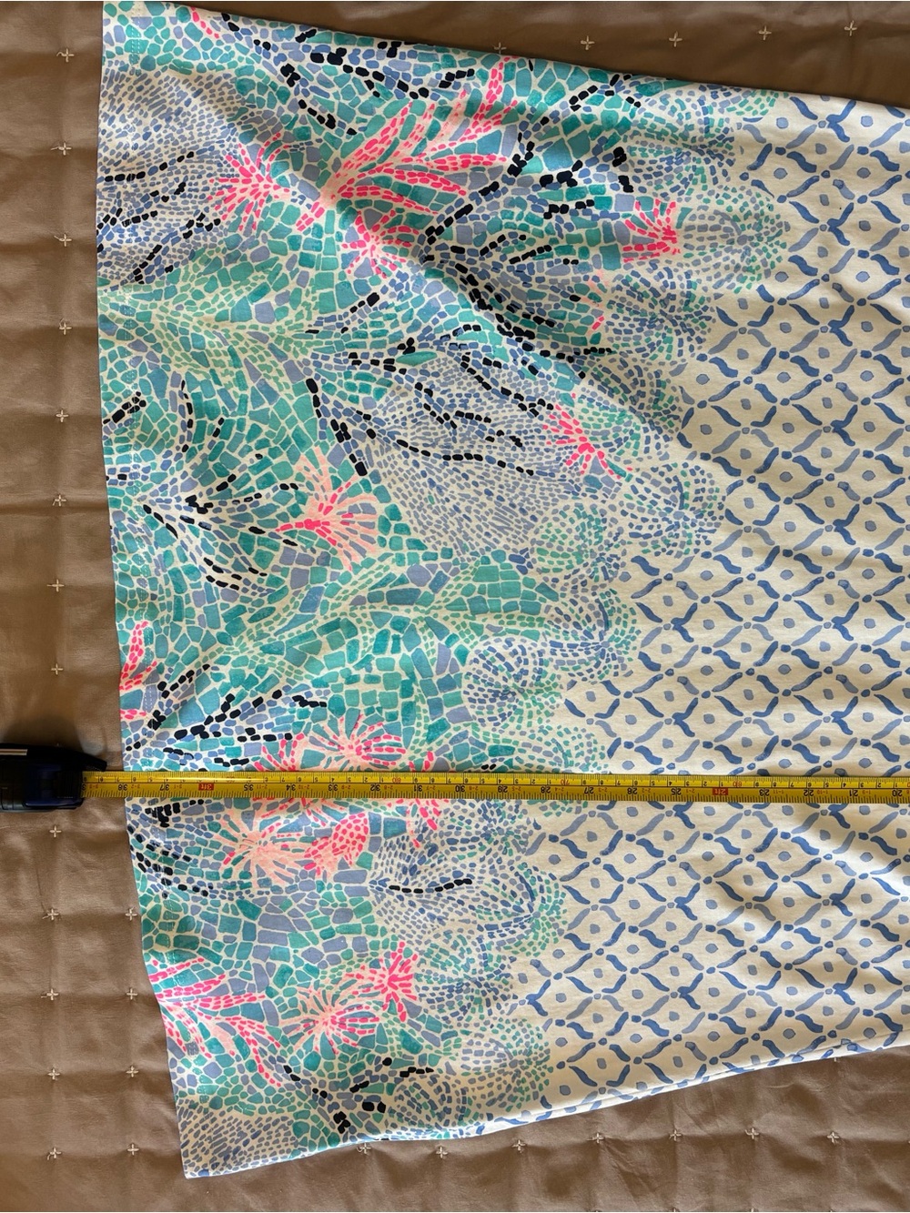 Lilly Pulitzer Cream and Blue Patterned Sundress with Pink-Green Floral Border - Picture 5 of 6